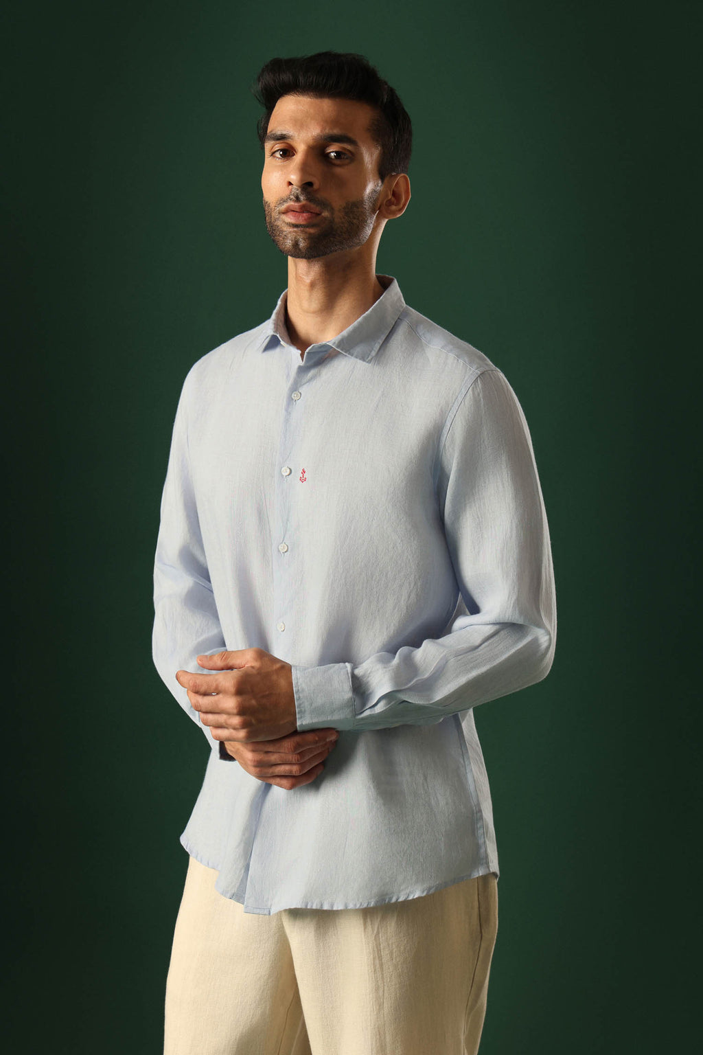 Anchor Hand Embroidered Irish Linen Shirt - Light Blue