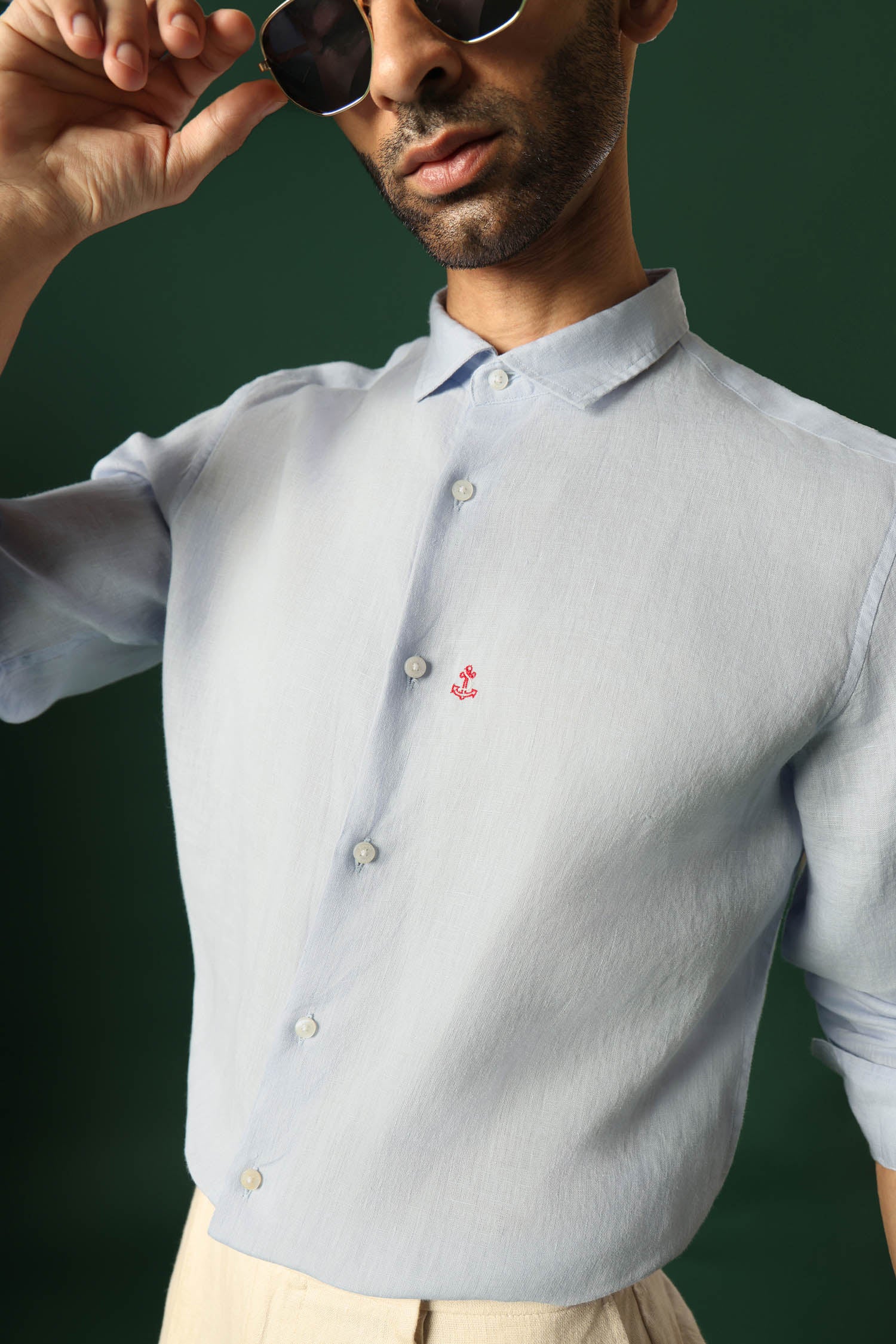 Anchor Hand Embroidered Irish Linen Shirt - Light Blue