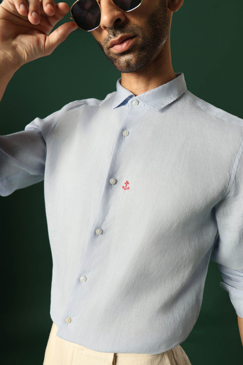 Anchor Hand Embroidered Irish Linen Shirt - Light Blue