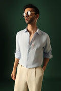 Anchor Hand Embroidered Irish Linen Shirt - Light Blue