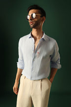 Anchor Hand Embroidered Irish Linen Shirt - Light Blue