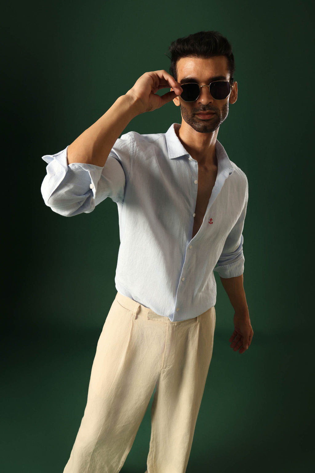 Anchor Hand Embroidered Irish Linen Shirt - Light Blue