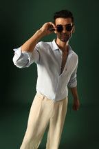 Anchor Hand Embroidered Irish Linen Shirt - Light Blue