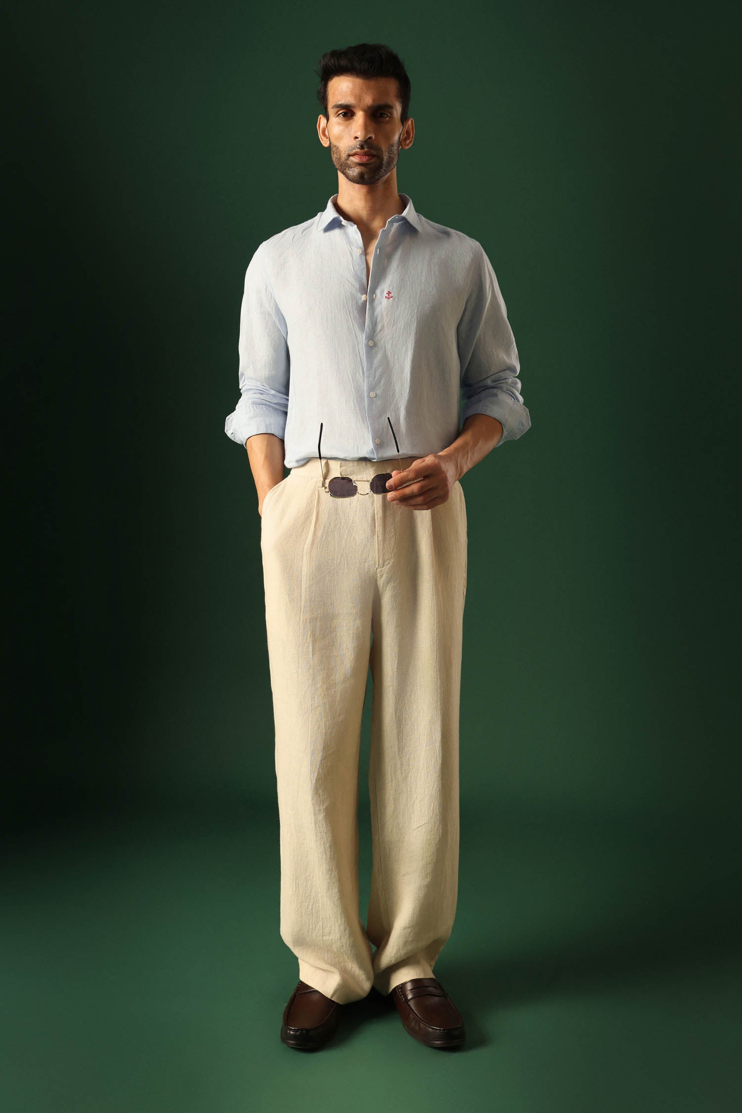 Anchor Hand Embroidered Irish Linen Shirt - Light Blue