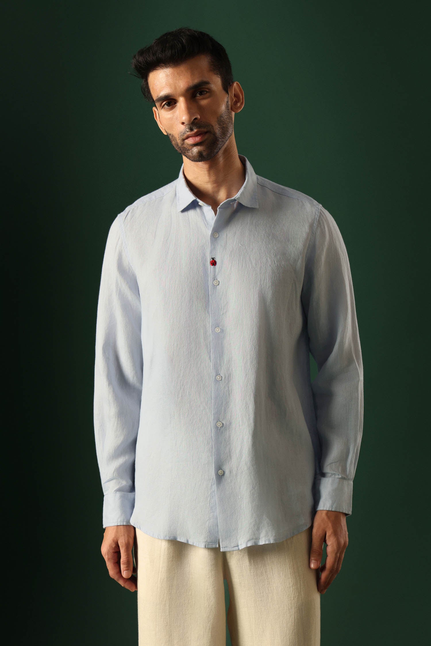 Lady Bug Hand Embroidered Irish Linen Shirt - Light Blue