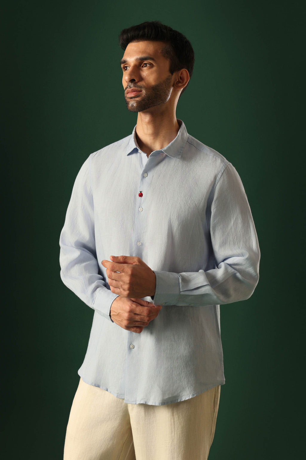 Lady Bug Hand Embroidered Irish Linen Shirt - Light Blue