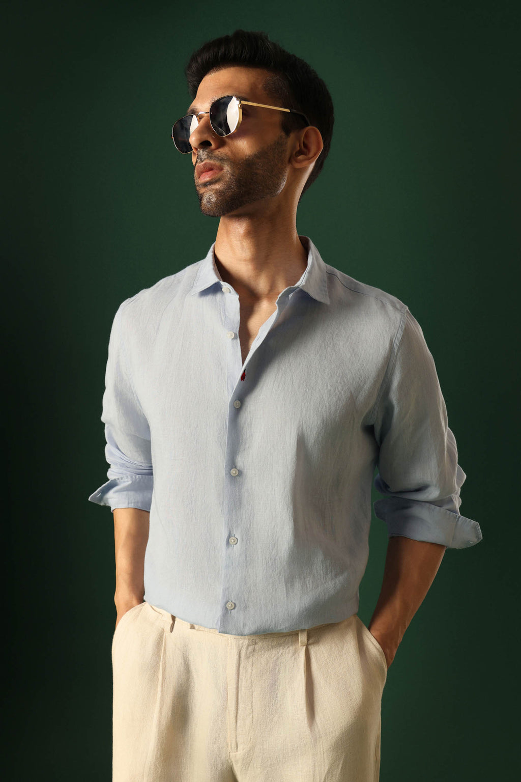 Lady Bug Hand Embroidered Irish Linen Shirt - Light Blue