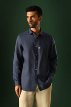 Daisy Hand Embroidered Irish Linen Shirt - Navy