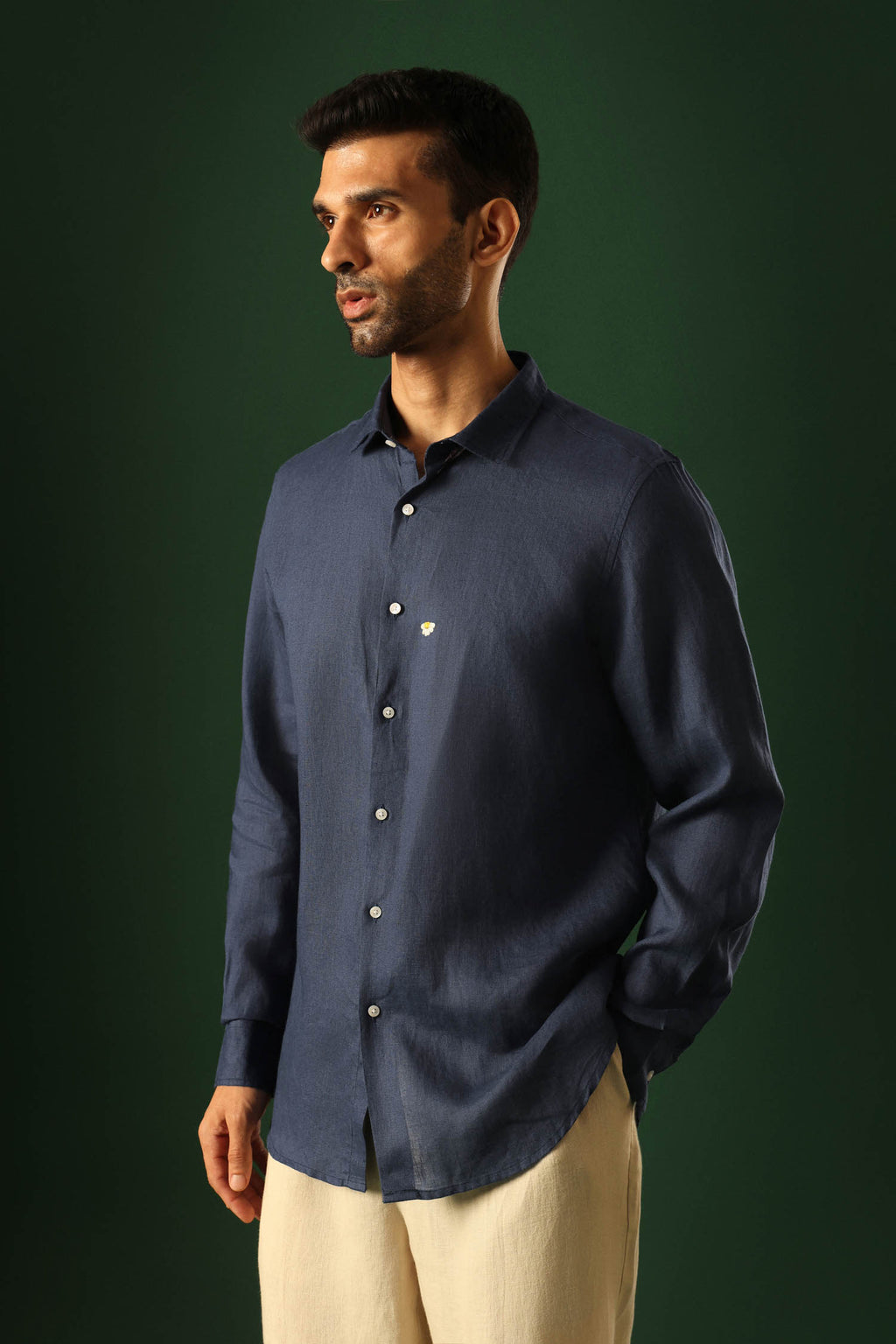 Daisy Hand Embroidered Irish Linen Shirt - Navy