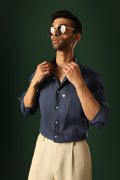 Daisy Hand Embroidered Irish Linen Shirt - Navy