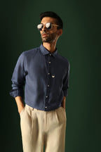 Daisy Hand Embroidered Irish Linen Shirt - Navy