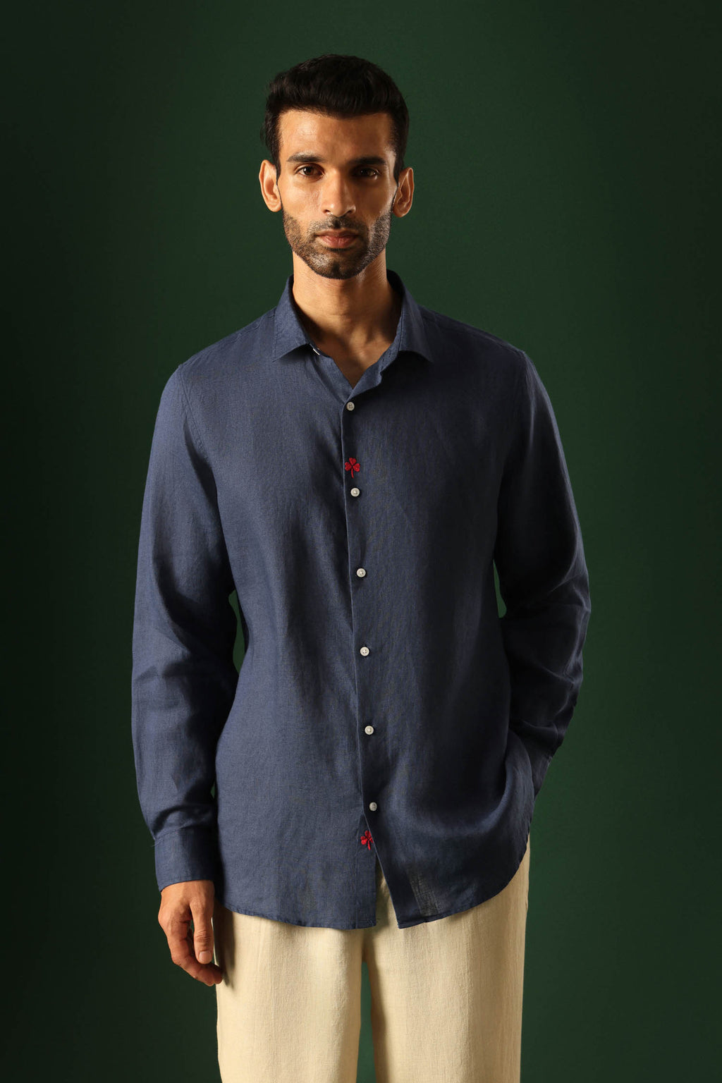 Leaf Hand Embroidered Irish Linen Shirt - Navy