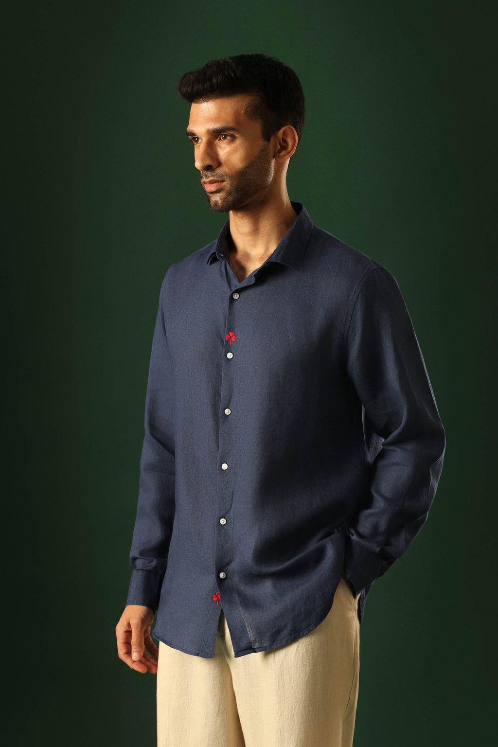 Leaf Hand Embroidered Irish Linen Shirt - Navy