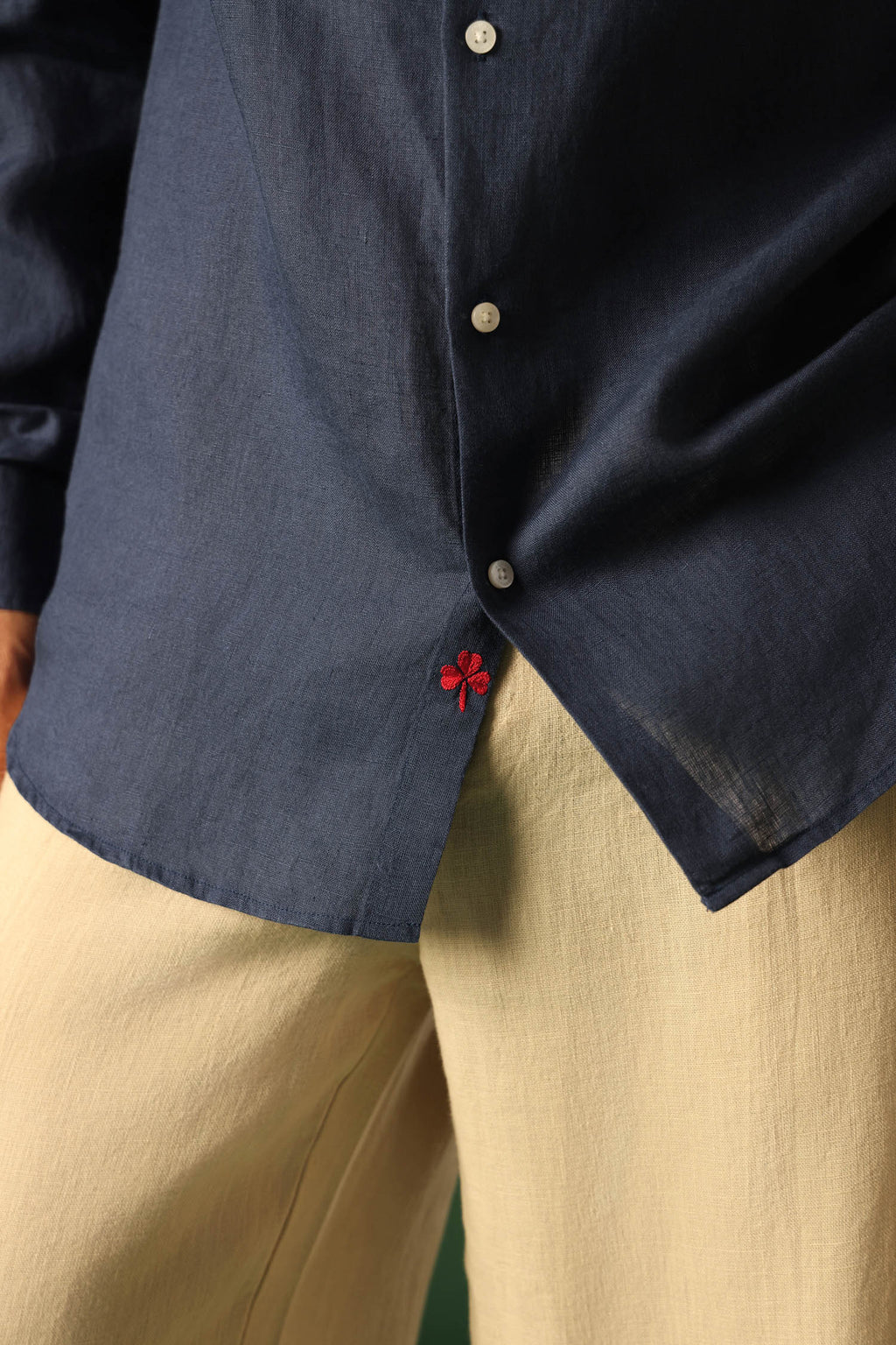 Leaf Hand Embroidered Irish Linen Shirt - Navy