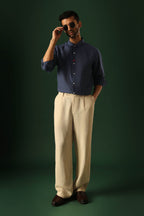 Leaf Hand Embroidered Irish Linen Shirt - Navy