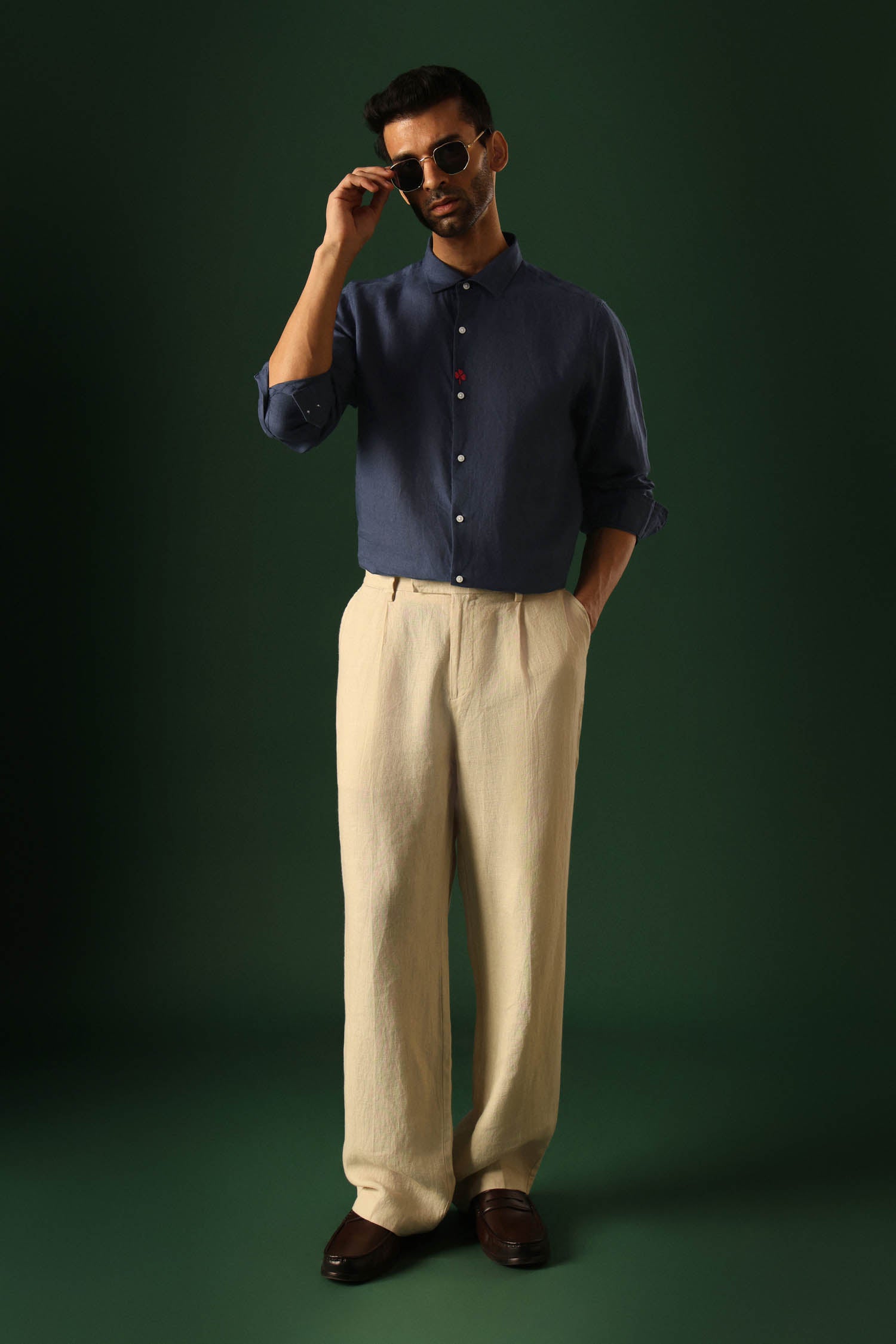 Leaf Hand Embroidered Irish Linen Shirt - Navy