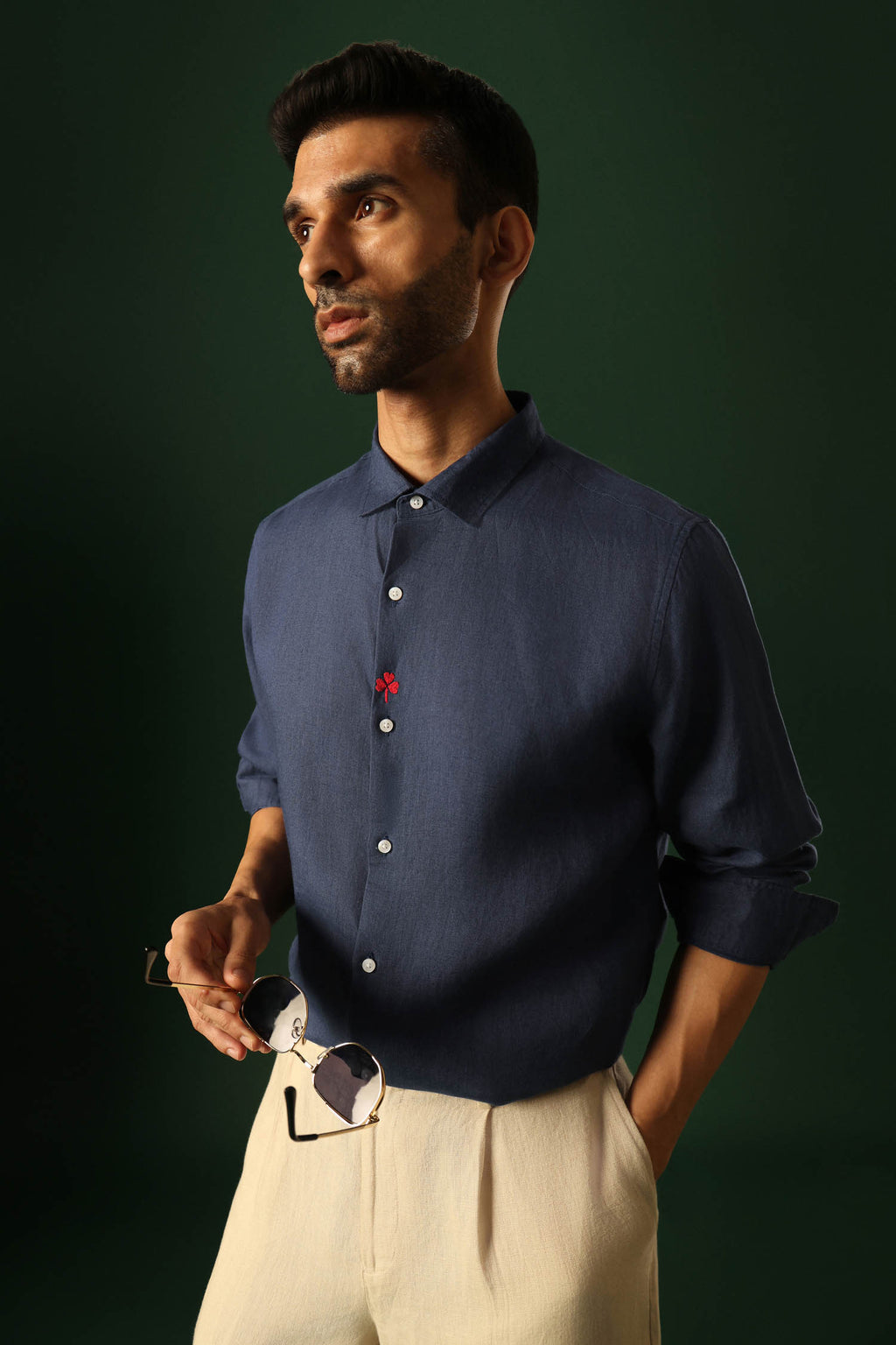 Leaf Hand Embroidered Irish Linen Shirt - Navy