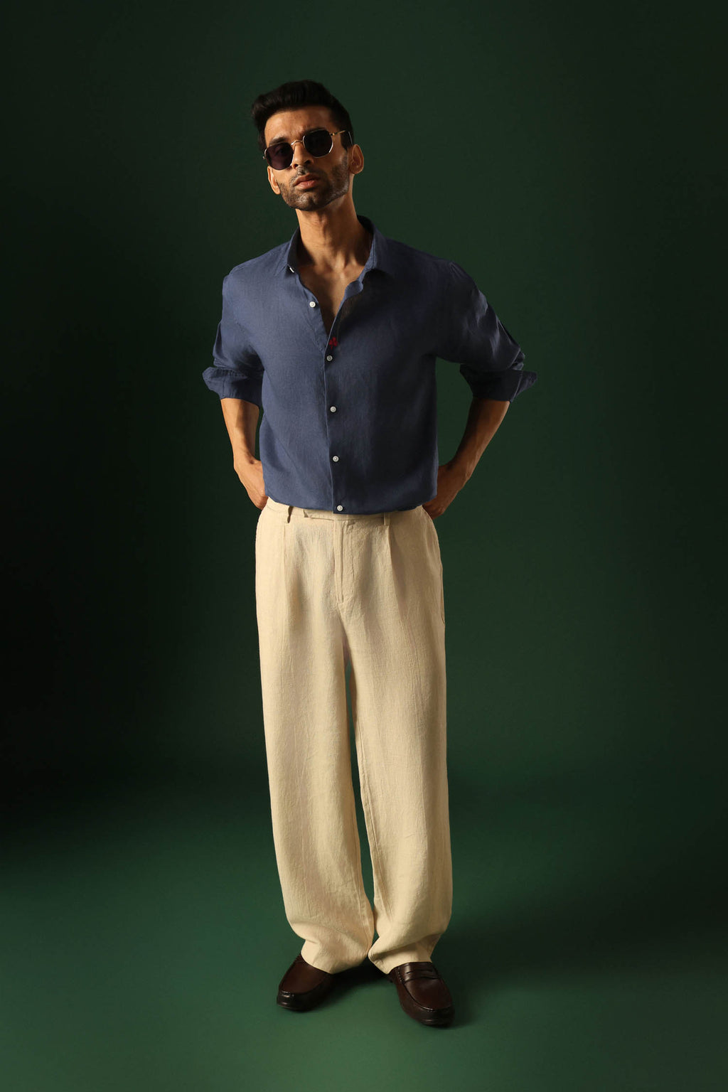 Leaf Hand Embroidered Irish Linen Shirt - Navy