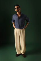 Leaf Hand Embroidered Irish Linen Shirt - Navy