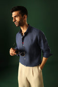Leaf Hand Embroidered Irish Linen Shirt - Navy