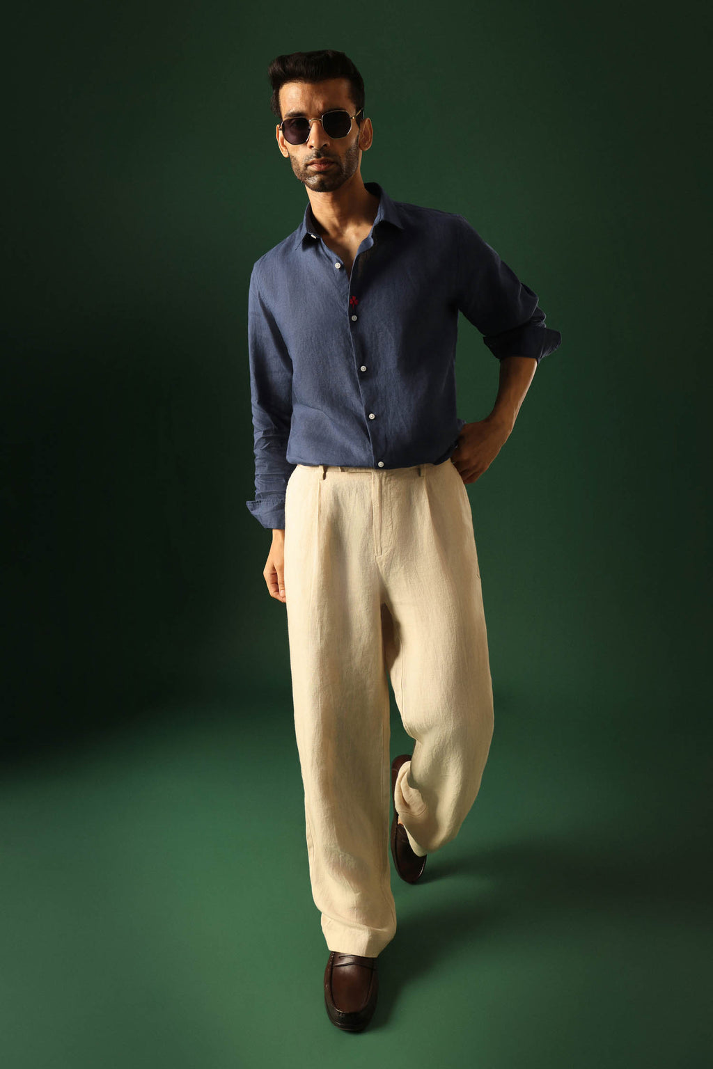 Leaf Hand Embroidered Irish Linen Shirt - Navy