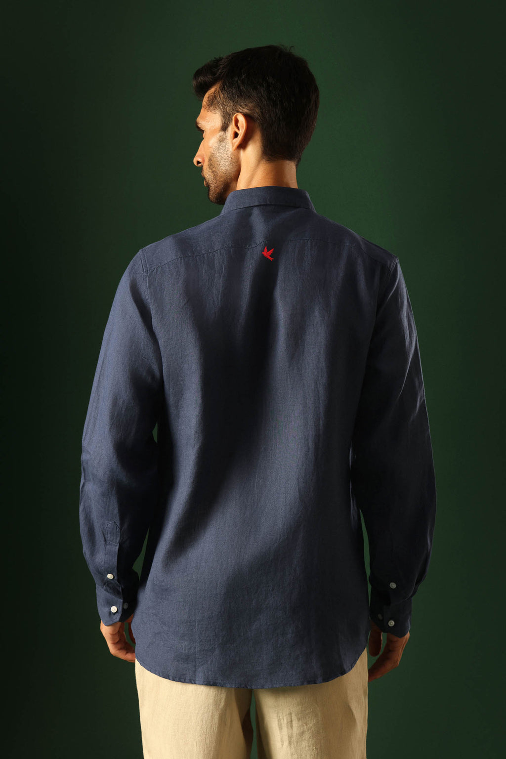 Bird Hand Embroidered Irish Linen Shirt - Navy