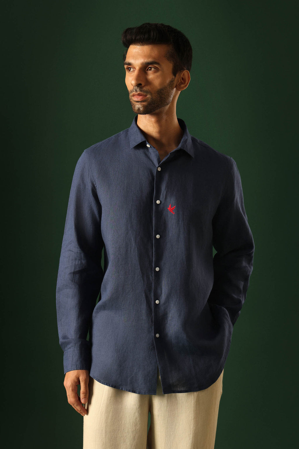 Bird Hand Embroidered Irish Linen Shirt - Navy