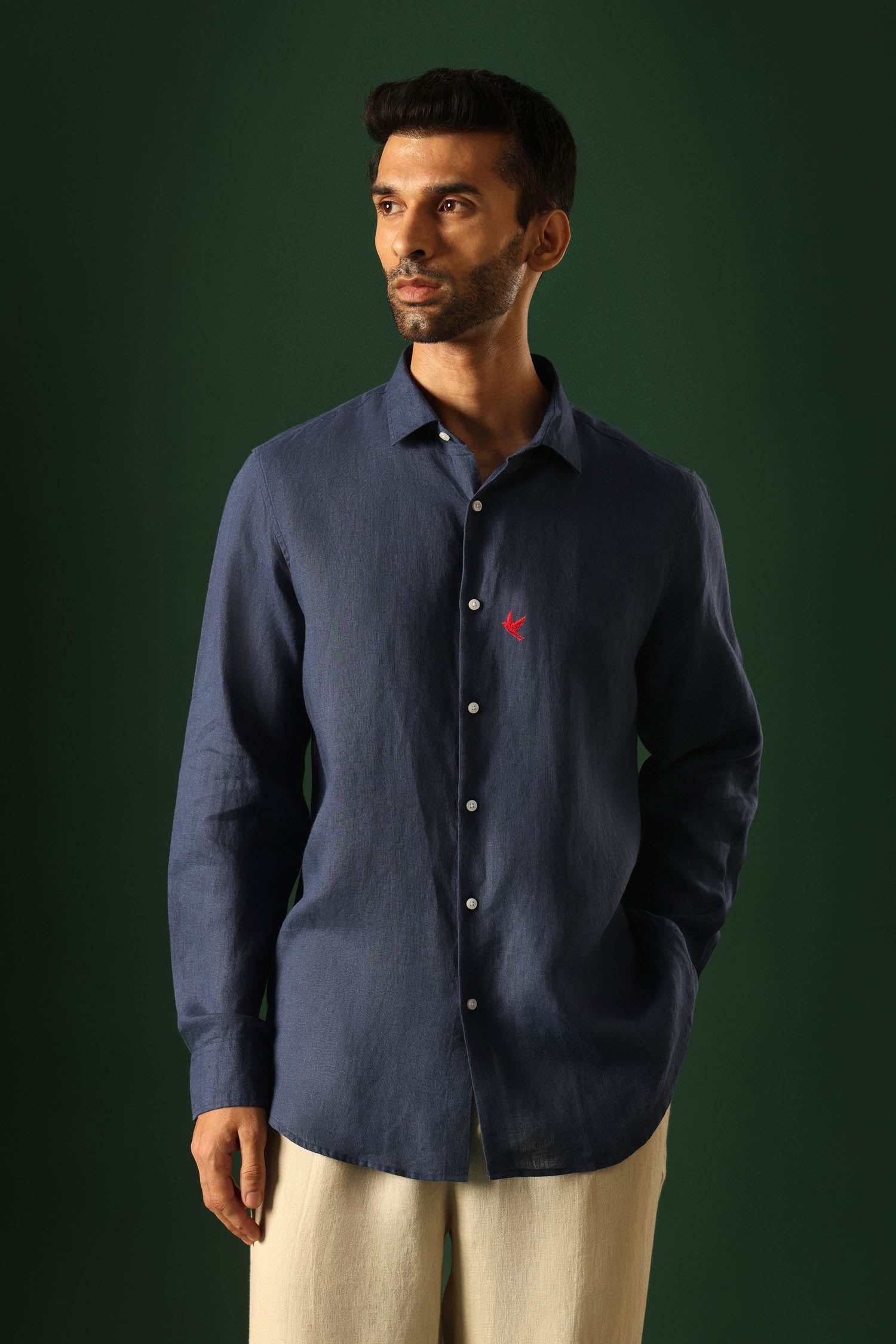 Bird Hand Embroidered Irish Linen Shirt - Navy