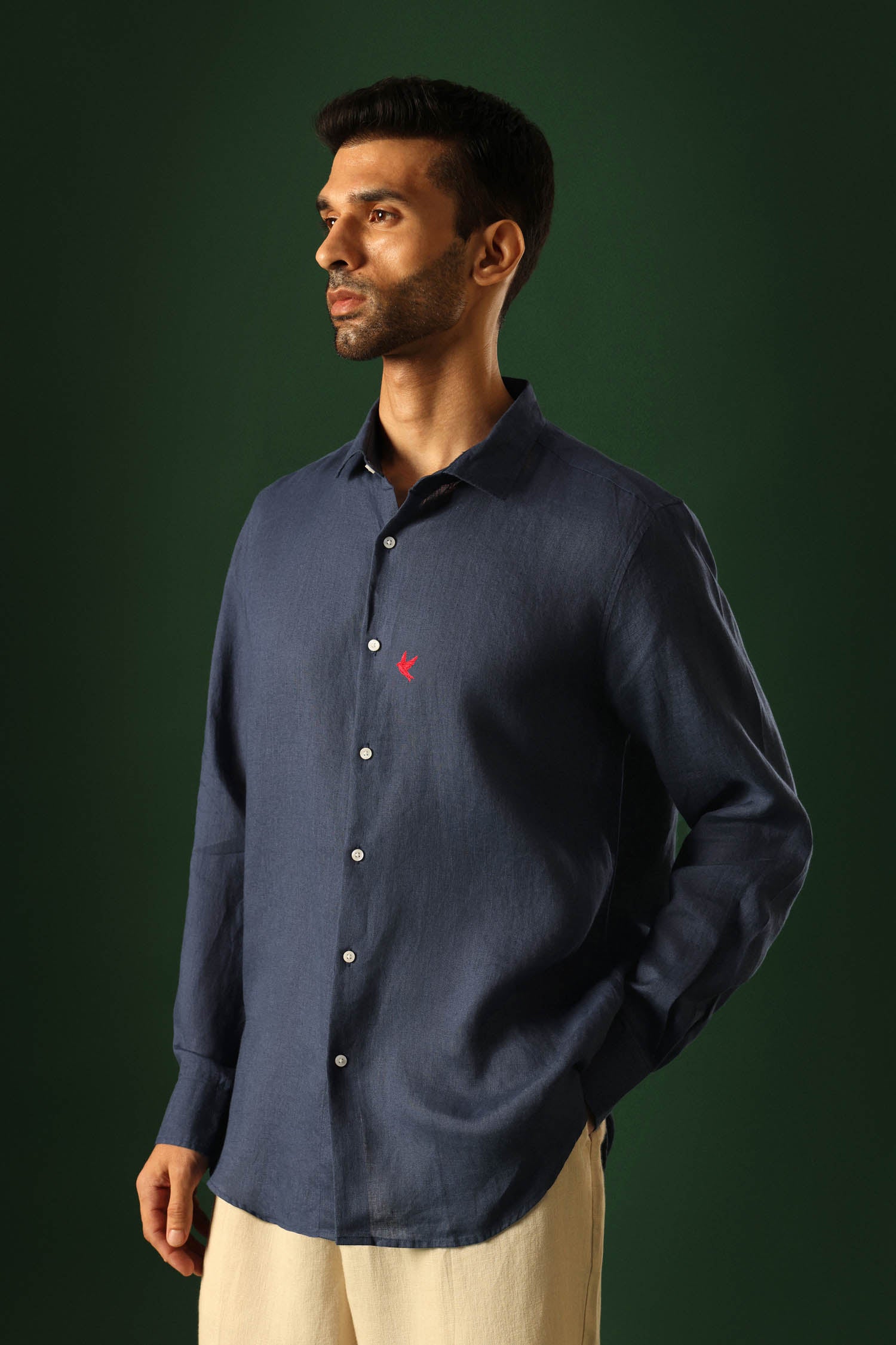 Bird Hand Embroidered Irish Linen Shirt - Navy