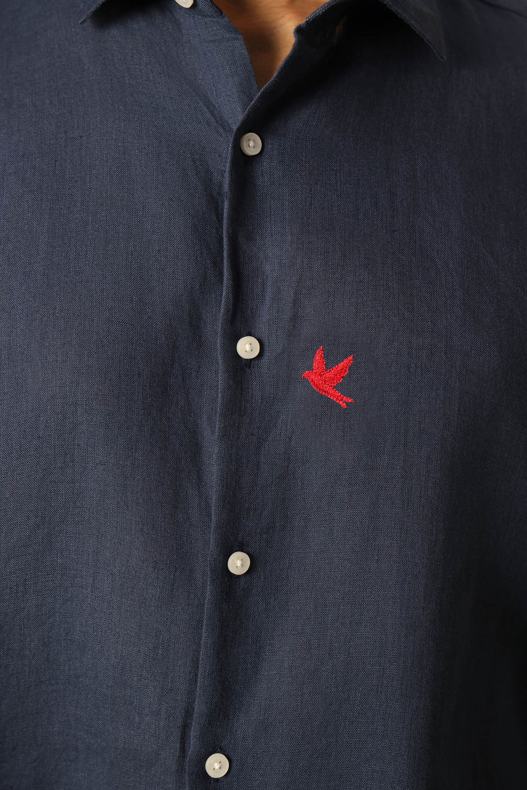Bird Hand Embroidered Irish Linen Shirt - Navy