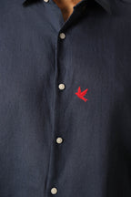Bird Hand Embroidered Irish Linen Shirt - Navy