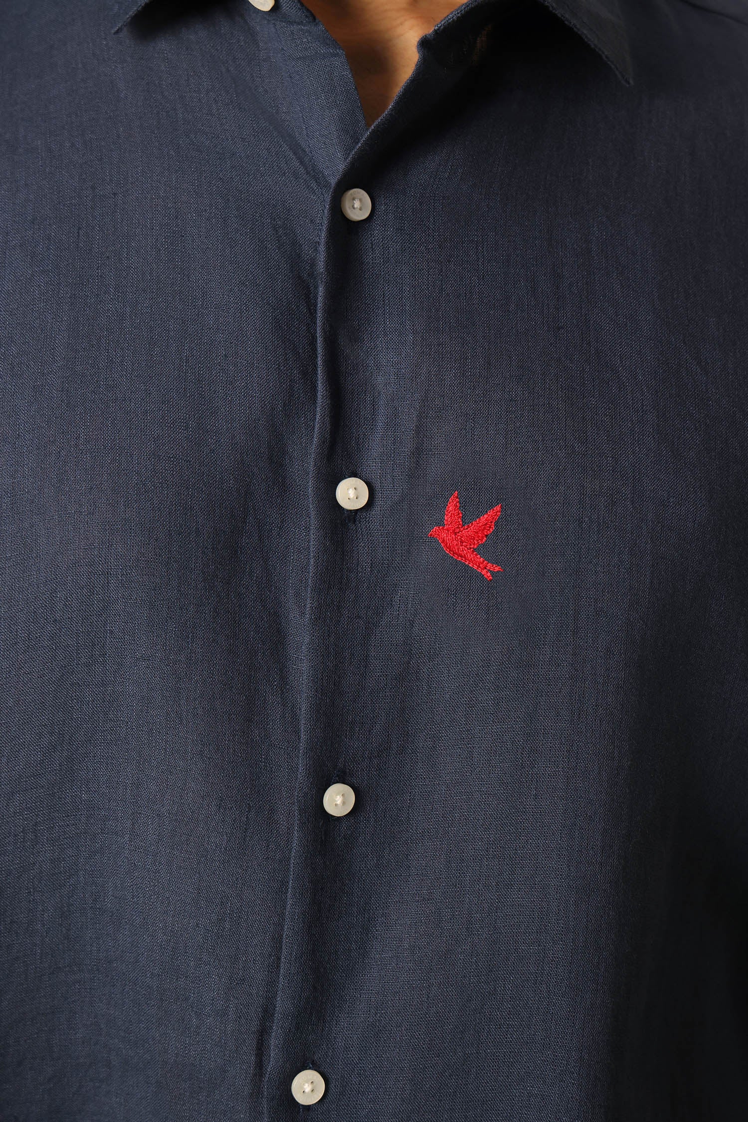 Bird Hand Embroidered Irish Linen Shirt - Navy