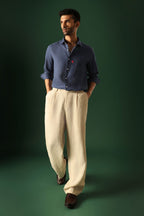 Bird Hand Embroidered Irish Linen Shirt - Navy