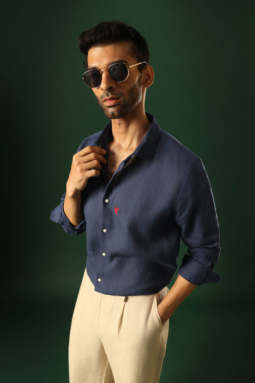 Bird Hand Embroidered Irish Linen Shirt - Navy