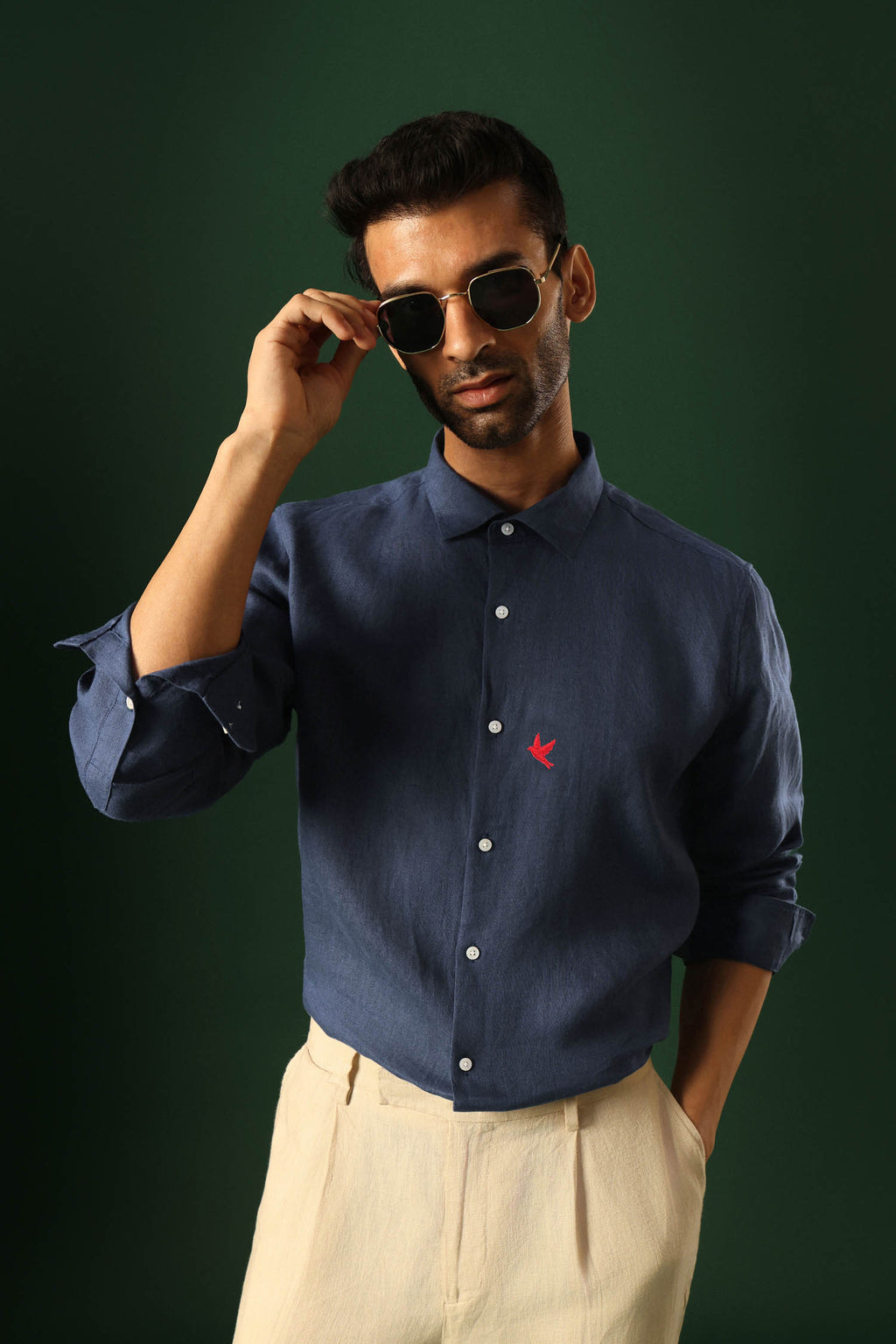 Bird Hand Embroidered Irish Linen Shirt - Navy