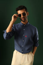 Bird Hand Embroidered Irish Linen Shirt - Navy