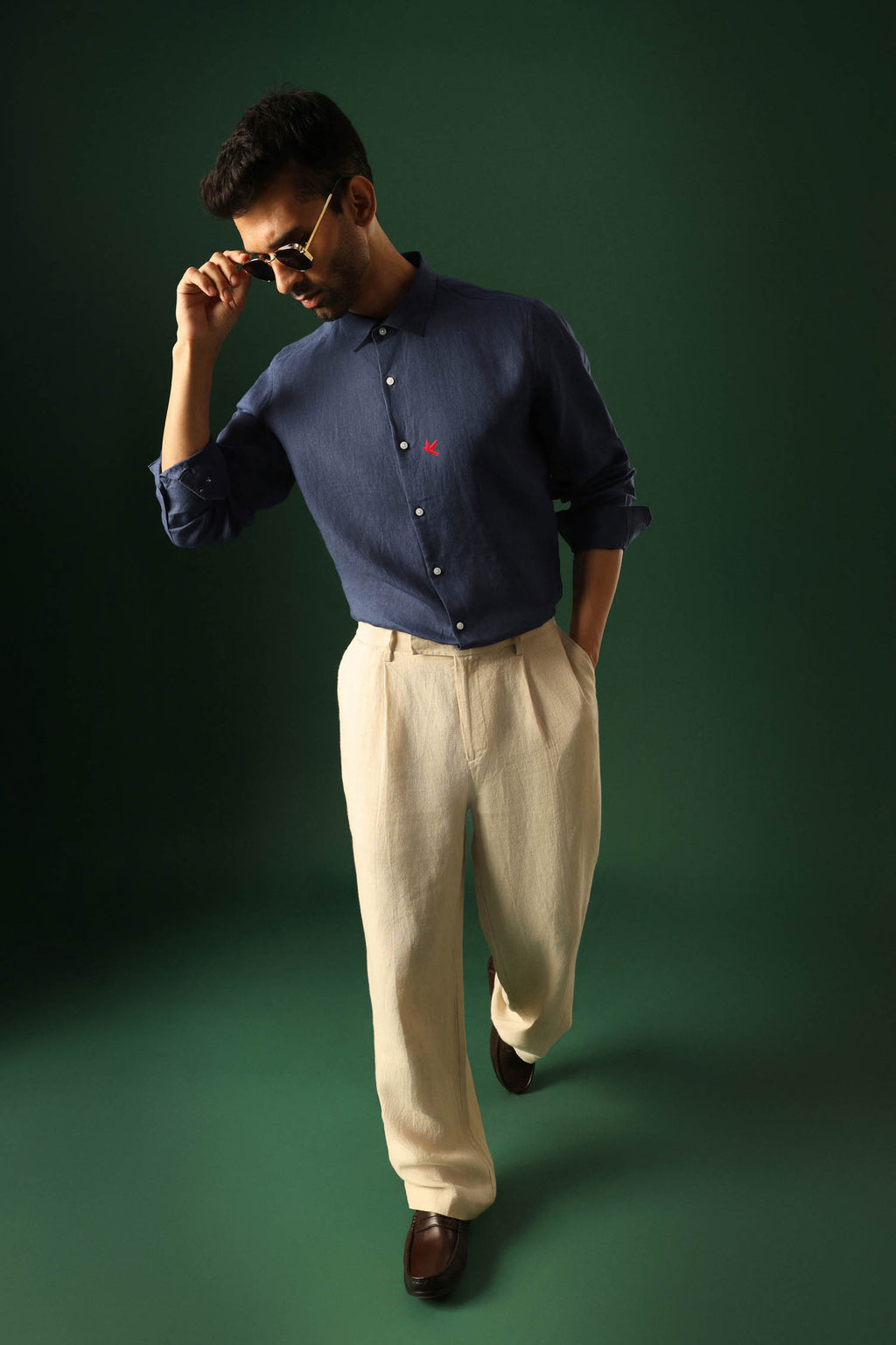 Bird Hand Embroidered Irish Linen Shirt - Navy