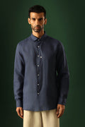Spade Hand Embroidered Irish Linen Shirt - Navy