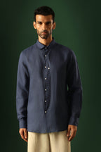 Spade Hand Embroidered Irish Linen Shirt - Navy