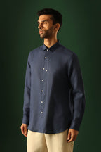 Spade Hand Embroidered Irish Linen Shirt - Navy