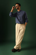 Spade Hand Embroidered Irish Linen Shirt - Navy