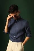 Spade Hand Embroidered Irish linen shirt - Navy