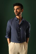 Spade Hand Embroidered Irish Linen Shirt - Navy