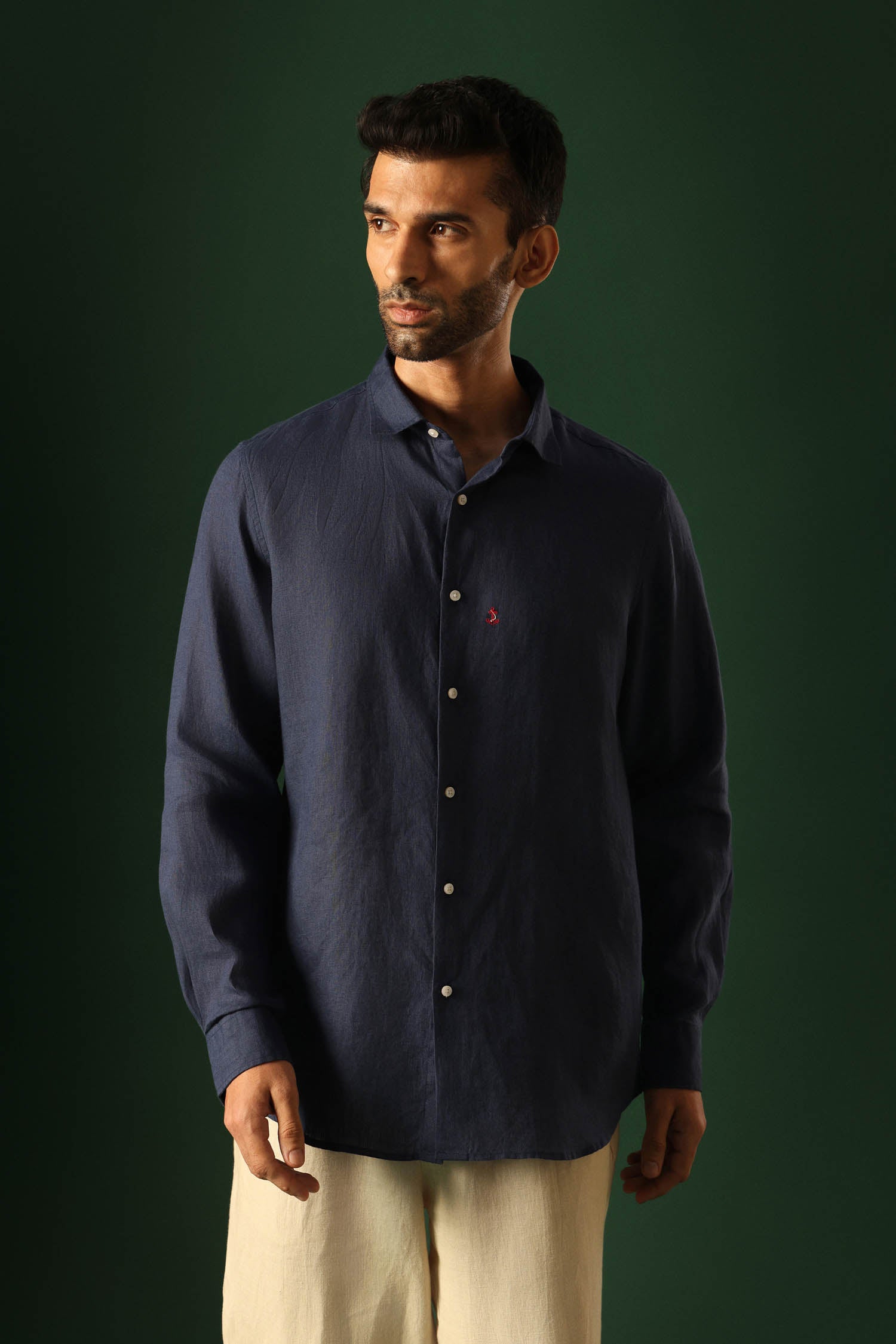 Anchor Hand Embroidered Irish Linen Shirt - Navy