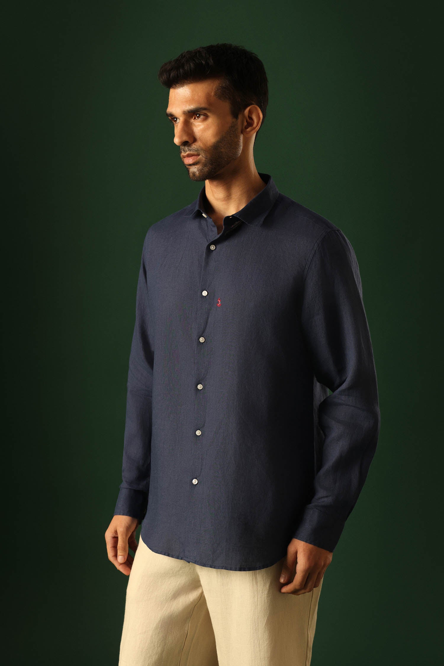 Anchor Hand Embroidered Irish Linen Shirt - Navy