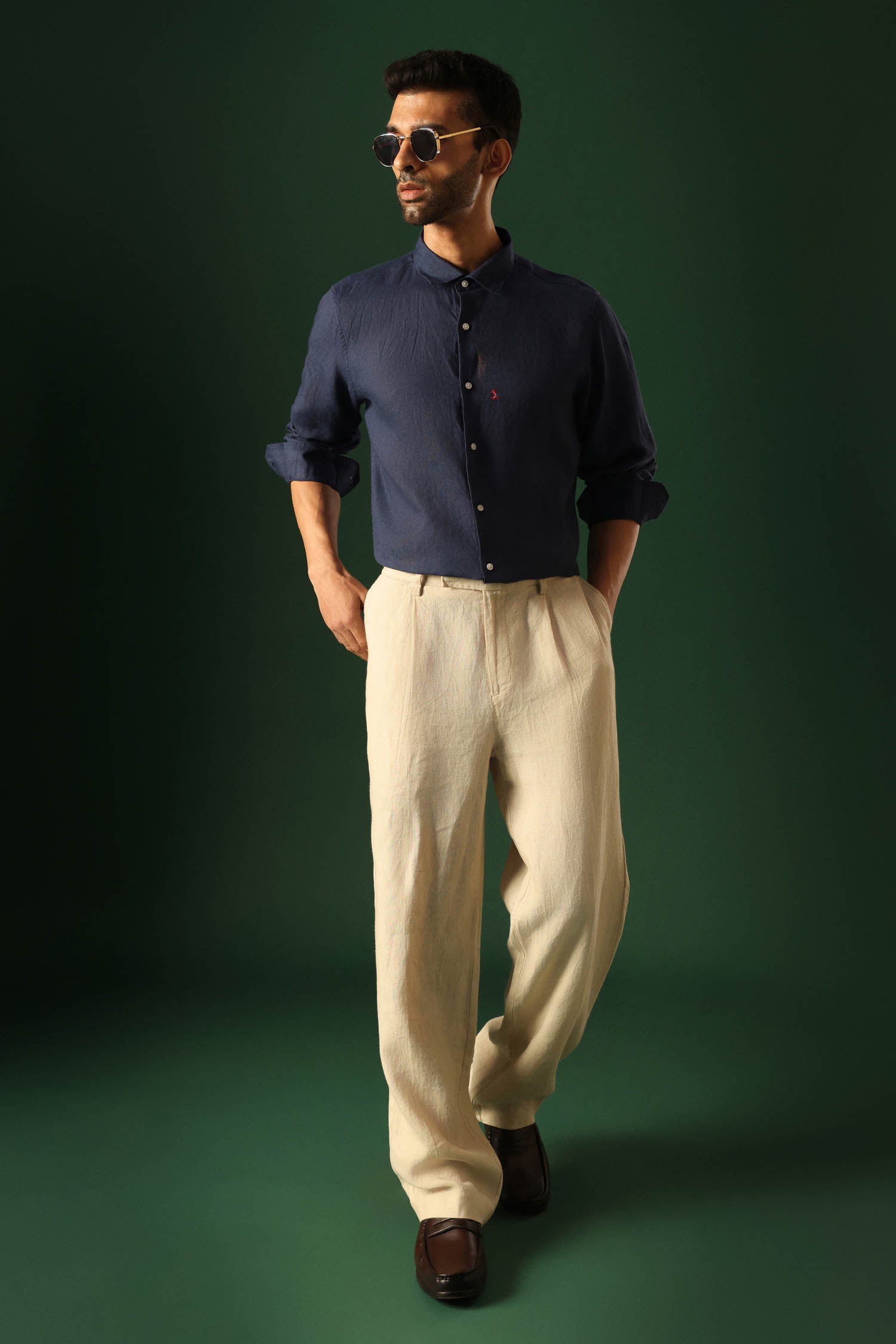 Anchor Hand Embroidered Irish Linen Shirt - Navy