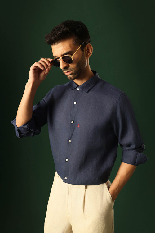 Anchor Hand Embroidered Irish linen shirt - Navy
