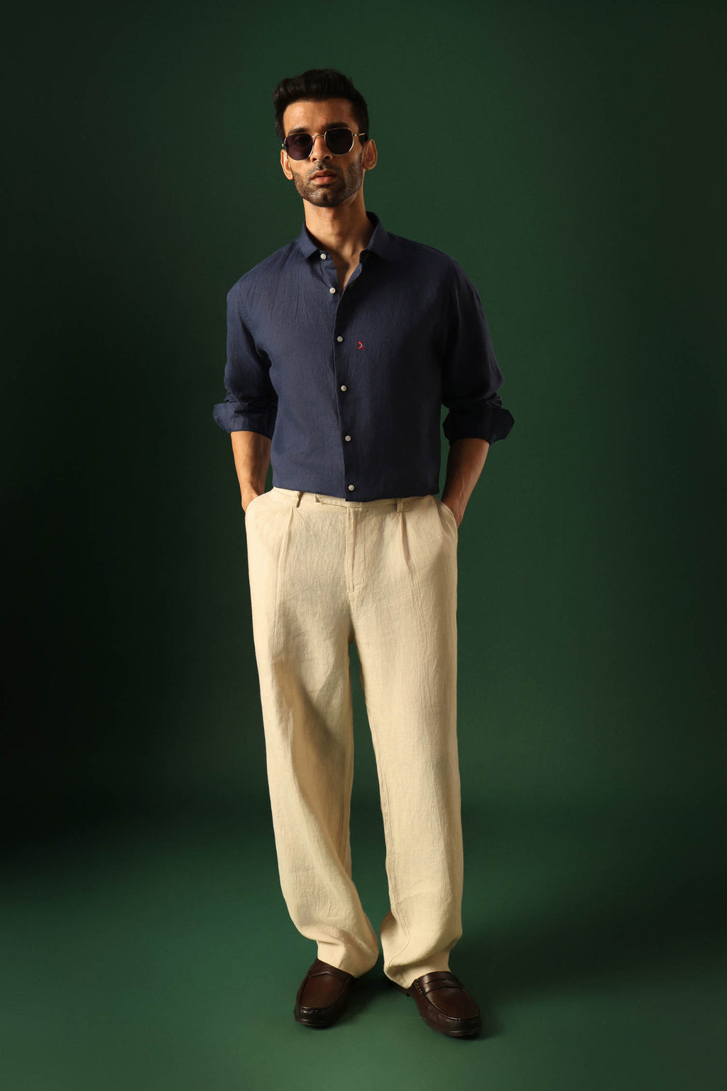 Anchor Hand Embroidered Irish Linen Shirt - Navy