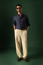 Anchor Hand Embroidered Irish Linen Shirt - Navy