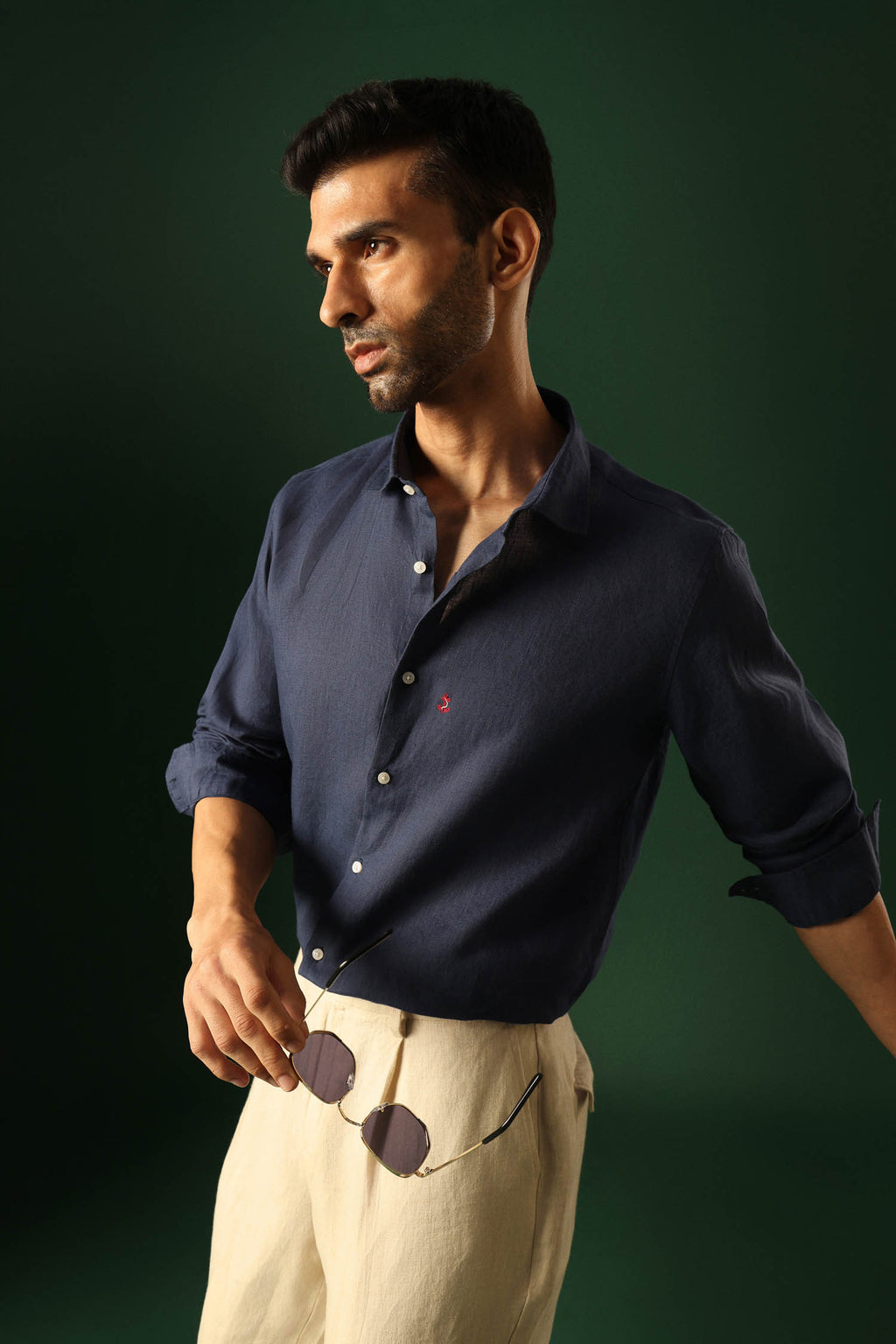 Anchor Hand Embroidered Irish Linen Shirt - Navy